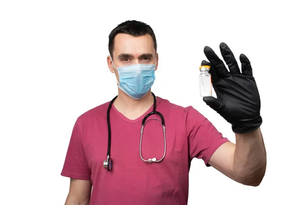 Ein Arzt Maske Und Handschuhen Hält Medikamente Gegen Virus Grippe — Stockfoto