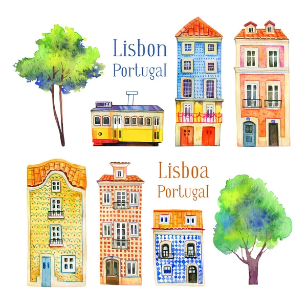 Watercolor old stone Europe houses. Set of Portugal architecture illustrations. Lisbon street houses, trams and trees. Hand drawn cartoon illustration