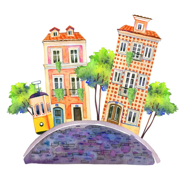 Portugal architecture. Lisbon street view with stone pavement, houses, tram and trees. Hand drawn watercolor old stone europe houses