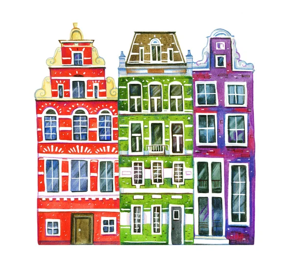 Watercolor old stone europe houses. Three Amsterdam buildings - facades. Hand drawn cartoon illustration