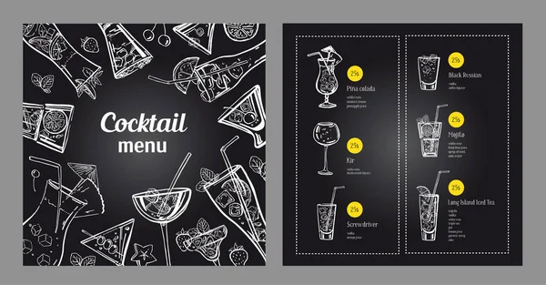 Cocktail menu design template and drink list. Vector outline hand drawn illustration with blackboard background