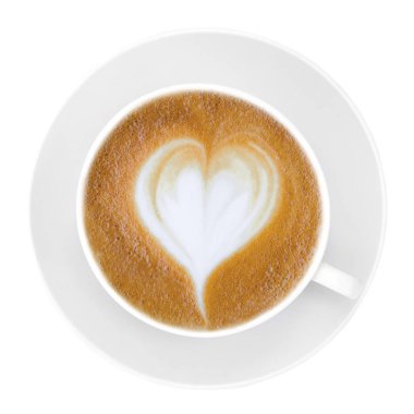Latte sanat üstten görünüm bir fincan kahve Kupası kalp gösterdi beyaz zemin üzerine.