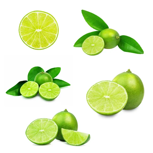 Limes Sliced Leaves Isolated White Background — Stock Photo, Image