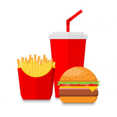 Hamburger soda ve beyaz arka plan üzerinde izole patates kızartması. vektör çizim.