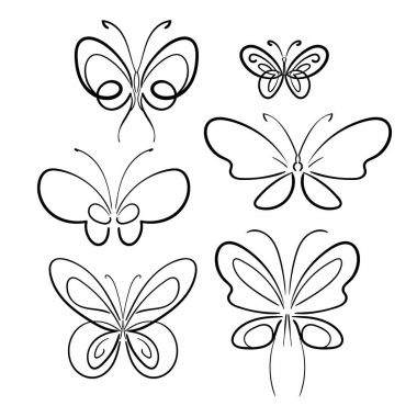 Kelebek set. Siyah beyaz izole sembolü. Vektör.