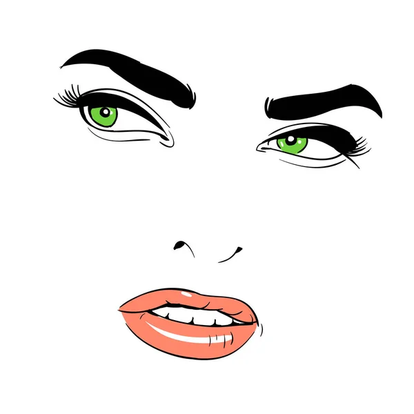 Bir kadının yüzü. Yeşil gözlü. Kurnaz. — Stok Vektör