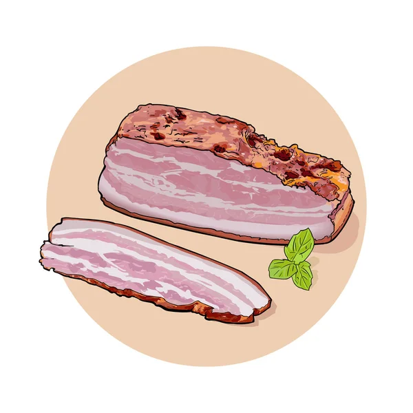 En stor bit bacon och skivad bit med gröna blad. — Stock vektor