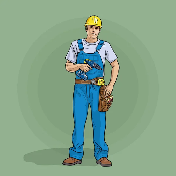 Werknemer in overalls en helm met een schroevendraaier. — Stockvector