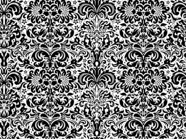 Beyaz arka plan, duvar kağıdı üzerinde sorunsuz siyah süsleme. Arka planda çiçek süsleme.