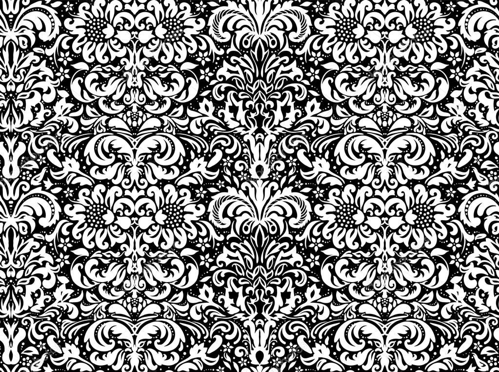 Seamless white ornament on a black background, wallpaper. Floral ornament on the background.