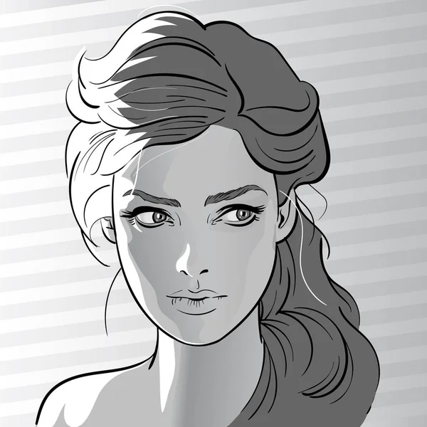 Girl portrait in backlight. Cartoon style. Black and White. — Stock Vector