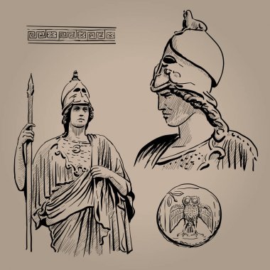Athena Pallas. Bilgelik, el sanatları ve savaş antik Yunan tanrıçası. Dijital kroki el çizimi