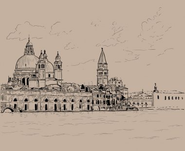Canal Grande ve Basilica Santa Maria della Salute, Venedik, İtalya. Mürekkep. Dijital kroki el çizimi