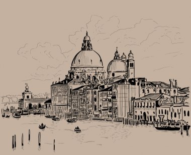Canal Grande ve Basilica Santa Maria della Salute, Venedik, İtalya. Mürekkep. Dijital kroki el çizimi