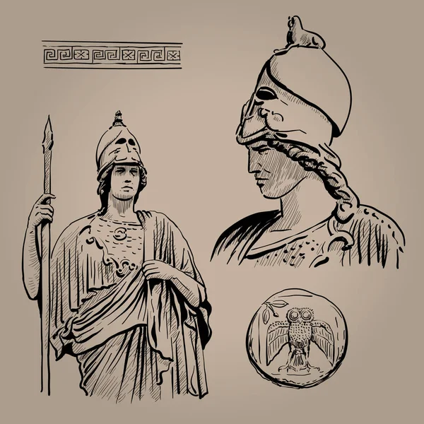 Athena Pallas. Antiga deusa grega da sabedoria, do artesanato e da guerra. Desenho de mão de esboço digital — Vetor de Stock