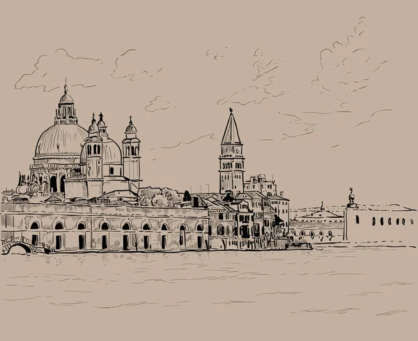 Grande canal e Basílica de Santa Maria della Salute, Veneza, Itália. Tinta. Desenho de mão de esboço digital —  Vetores de Stock