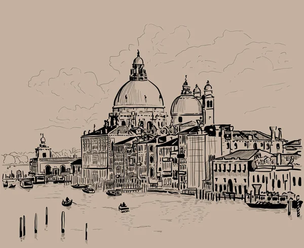 Gran Canal y Basílica Santa Maria della Salute, Venecia, Italia. Tinta. Dibujo digital de la mano — Archivo Imágenes Vectoriales