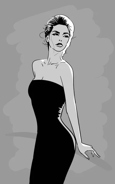 Mulher bonita em vestido preto com olhares misteriosos. Vector. Estilo dos desenhos animados . — Vetor de Stock