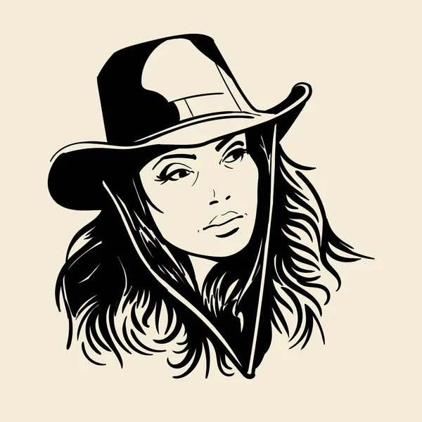 Woman face with a cowboy hat. Black and white vector. — Stock Vector