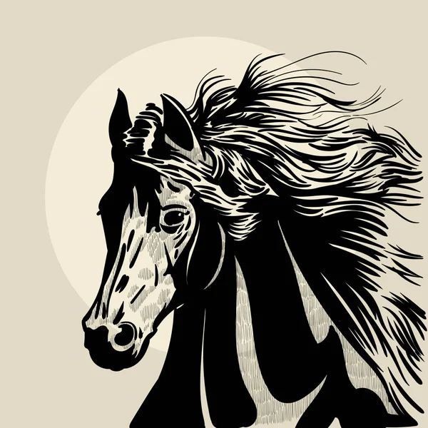 Cabeza de caballo con crin. Ilustración hecha a mano. Esbozo de mano . — Vector de stock