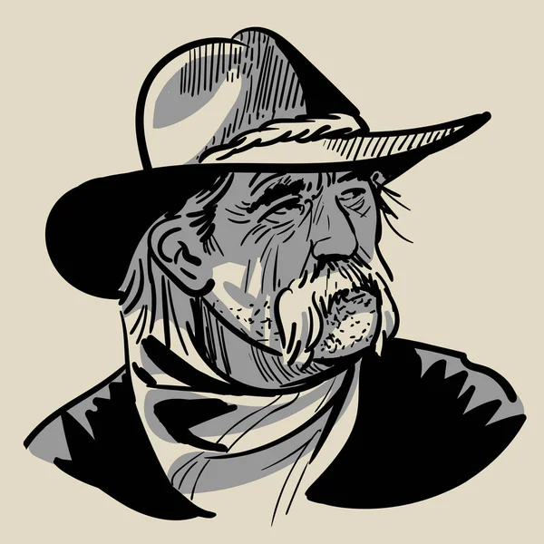 Velho Cowboy com chapéu. Retrato. Desenho Digital Vetor de Desenho de Mão . —  Vetores de Stock