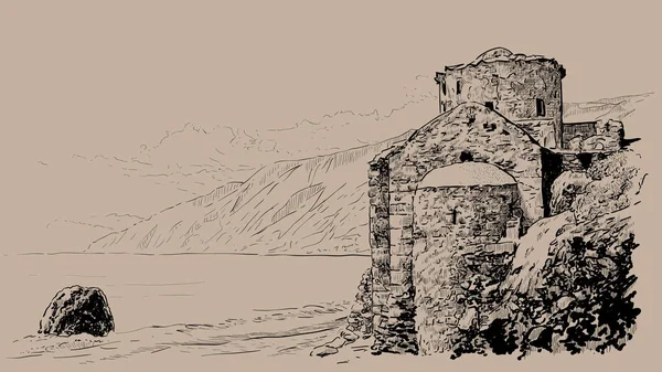Betoninsel, Ruinen der Festung am Strand. Griechenland. Vektor. Illustration. — Stockvektor