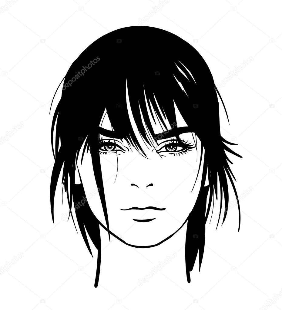 Woman portrait. Digital sketch hand drawing vector. Black and white style.