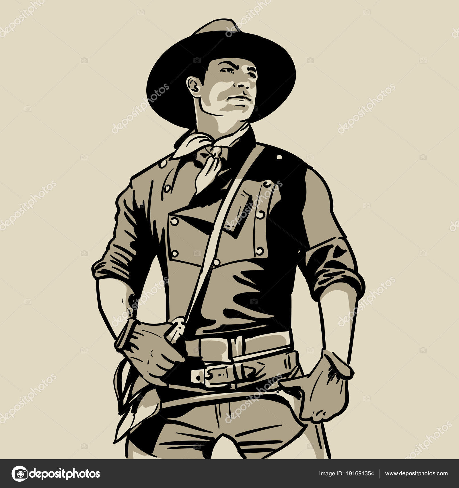 Man with cowboy hat and shirt and scarf. Western. Portrait. Digital Sketch  Hand Drawing. Illustration. Stock Vector by ©Tissen 191691354