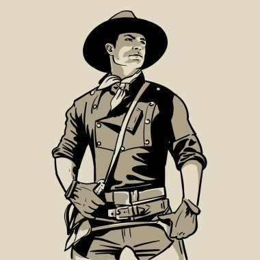 Kovboy şapkası ve gömlek ve eşarp olan adam. Western. Portre. Dijital kroki el çizimi. İllüstrasyon.