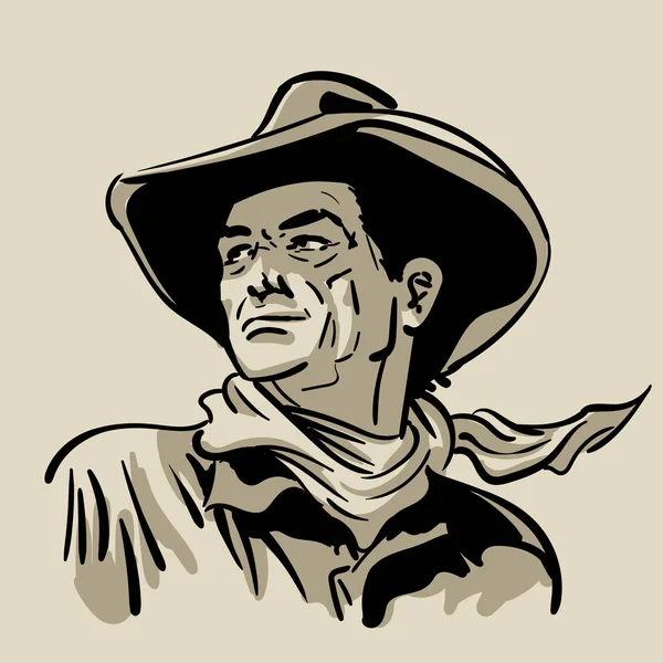 Uomo con cappello e camicia da cowboy e sciarpa. Occidentale. Digital Sketch mano disegno vettoriale. Illustrazione . — Vettoriale Stock