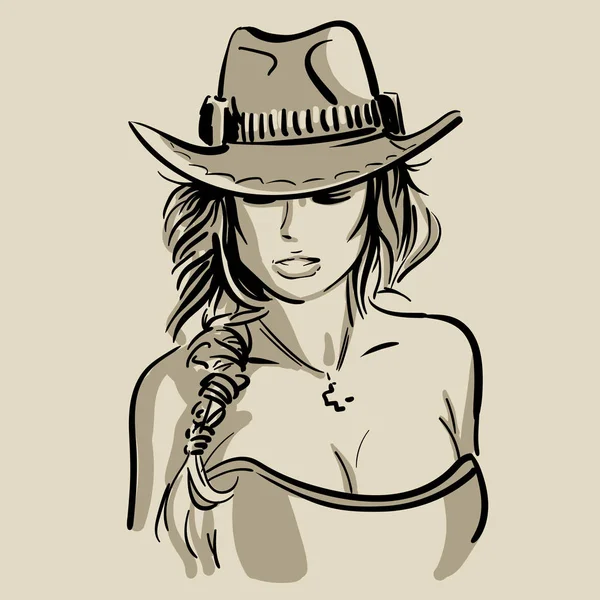 Cowboy fille visage avec chapeau. Noir et blanc. Illustration . — Image vectorielle