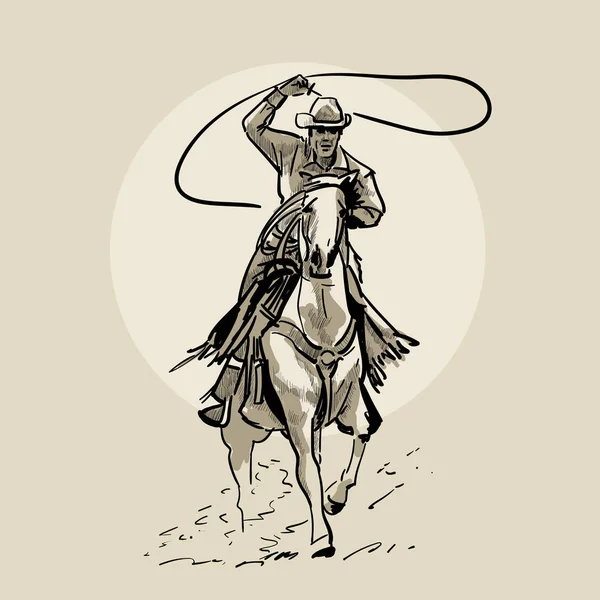 Un cow-boy américain qui monte à cheval et lance du lasso. Illustration dessinée à la main. Croquis à la main. Illustration . — Image vectorielle