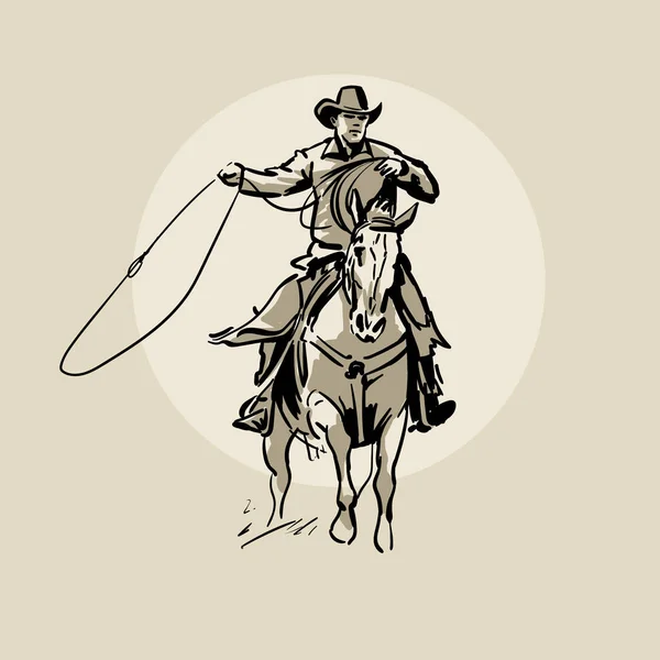 Un cow-boy américain qui monte à cheval et lance du lasso. Illustration dessinée à la main. Croquis à la main. Illustration . — Image vectorielle