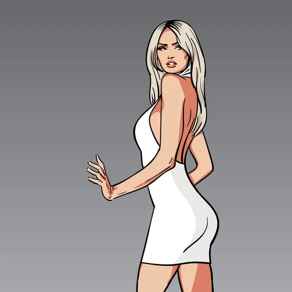 Mulher loira bonita em vestido branco. Estilo dos desenhos animados. Ilustração . —  Vetores de Stock