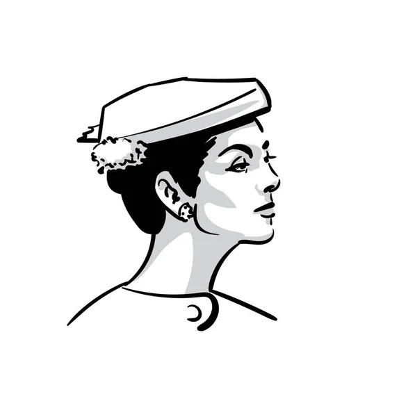 Retrato de mujer con sombrero. Vector blanco y negro. Ilustración . — Archivo Imágenes Vectoriales