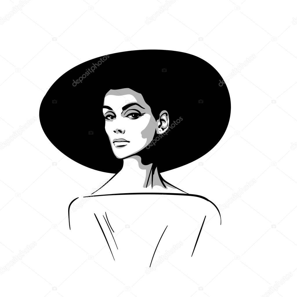 Woman face portrait with hat. Black and white. Illustration.