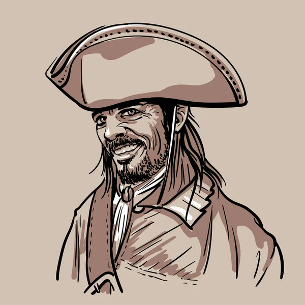 Pirata con sombrero. Retrato. Vector de dibujo a mano de boceto digital . — Vector de stock