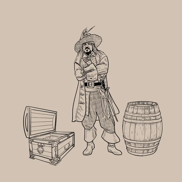 Pirata con un sombrero y un cuchillón cerca del barril y el cofre de oro. Vector . — Archivo Imágenes Vectoriales