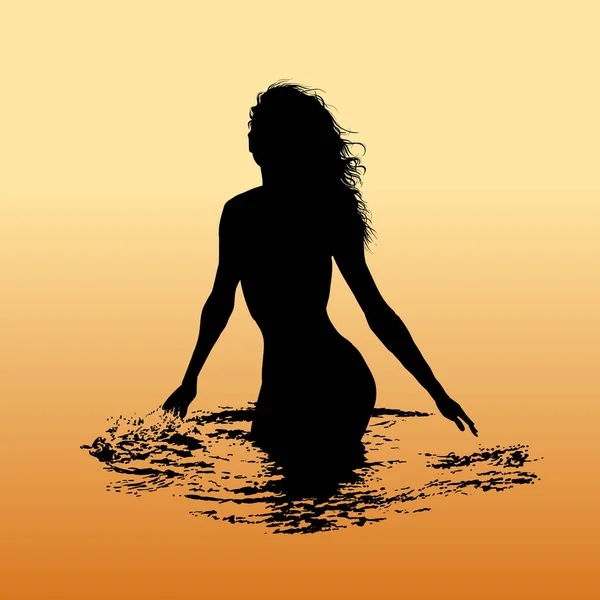 Silhouette d'une femme dans la mer au coucher du soleil. Vecteur . — Image vectorielle