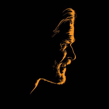 Sakallı, çığlık atan adam, arka fonda bir siluet çiziyor. Vektör. Görüntü.