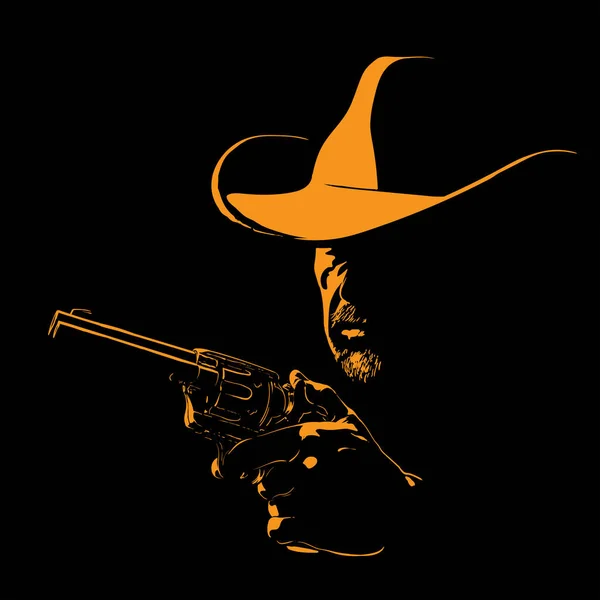 Mann mit Cowboyhut und Revolver. Porträtsilhouette im Kontrast Hintergrundbeleuchtung. Vektor. Illustration. — Stockvektor