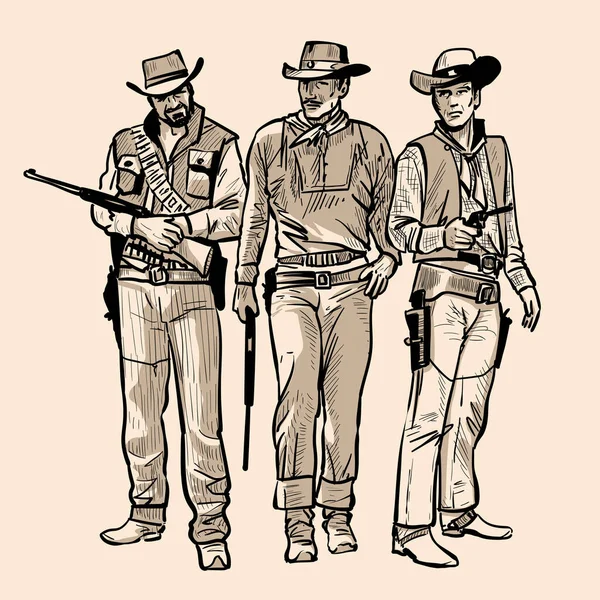 Drei Cowboys mit Gewehren. Männer mit Cowboyhüten und Gewehr. Westliche Amokläufer. digitaler Skizzen-Zeichenvektor. Illustration. — Stockvektor