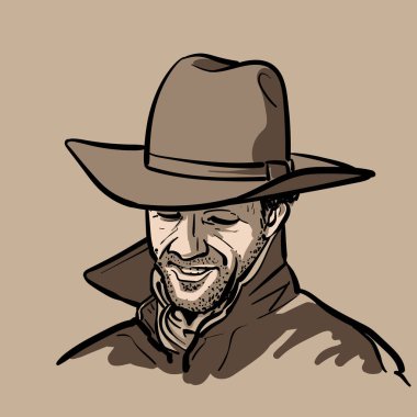 Kovboy şapkalı, gömlekli ve yağmurluklu adam.. 