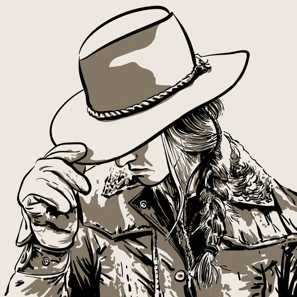 Woman with a cowboy hat. Hand drawn vector 