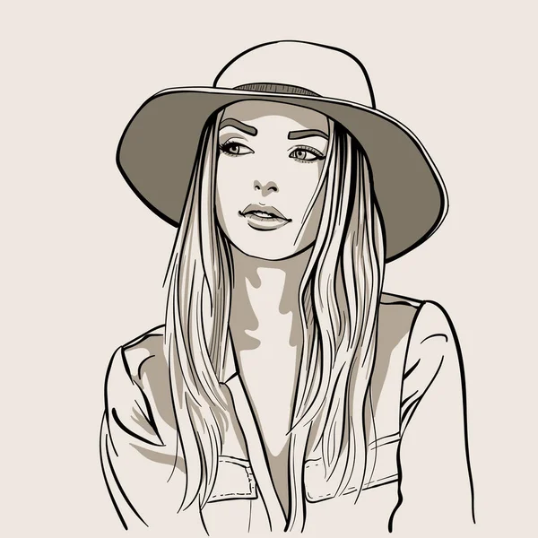 Beautiful girl portrait. Blonde woman with hat. — Stock Vector