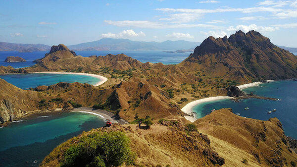 Aerial views of three blue beaches sperated by beautiful hills