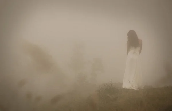 Woman in long white dress in foggy misty landscape. Blur discernible outline of slim figure. View from behind. Mistery