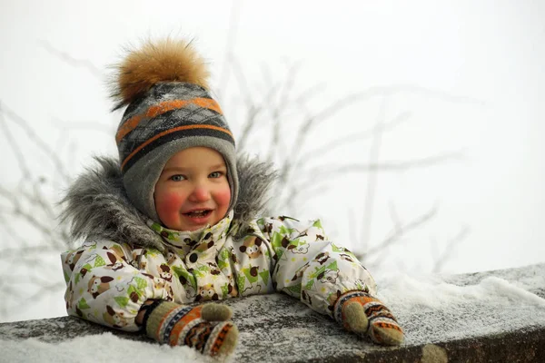 Портрет маленького улыбающегося мальчика с красными щеками, в яркой одежде и варежках на фоне снежного зимнего парка — стоковое фото