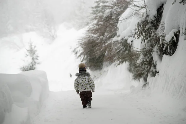 Маленький ребенок в зимней одежде, шляпа с помпоном, идущий по снежной тропе среди огромных снежных берегов, снегопад. Вид сзади — стоковое фото