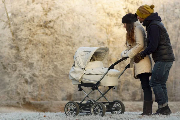 Молодые родители смотрят на ребенка в детской коляске. Солнечный снежный зимний парк и ледяные деревья, уход за детьми и любовь — стоковое фото